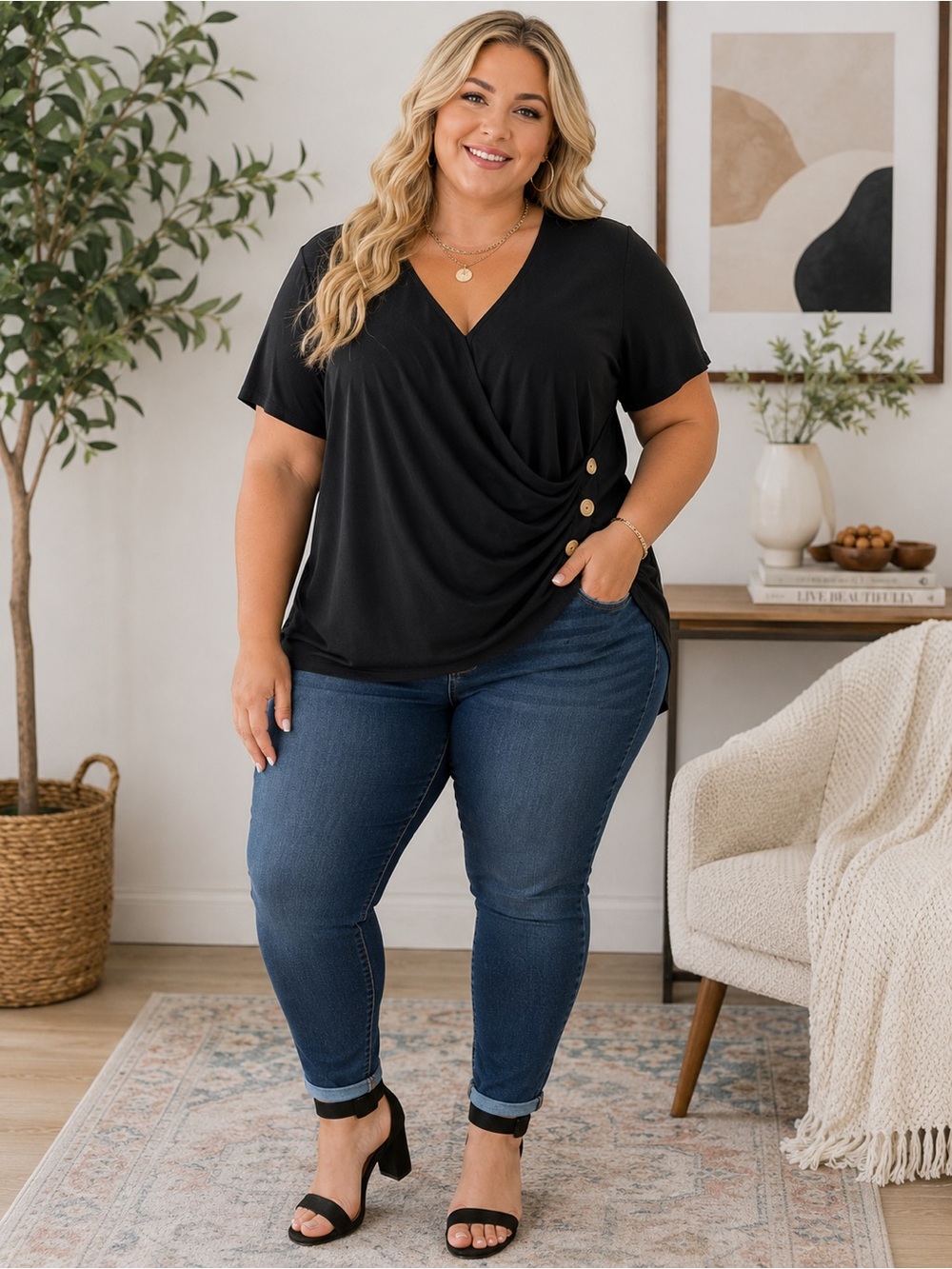 4XL Black Draped Front Top – Button Detail